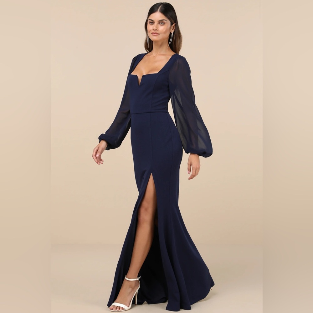 NWT Composed Elegance Navy Balloon Sleeve Mermaid Maxi Dress